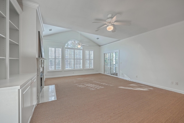 unfurnished living room featuring baseboards, vaulted ceiling, a ceiling fan, and light colored carpet