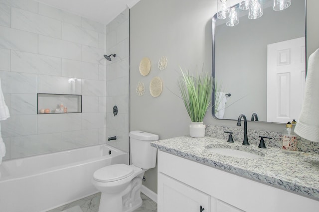 full bathroom featuring shower / bath combination, vanity, baseboards, toilet, and marble finish floor