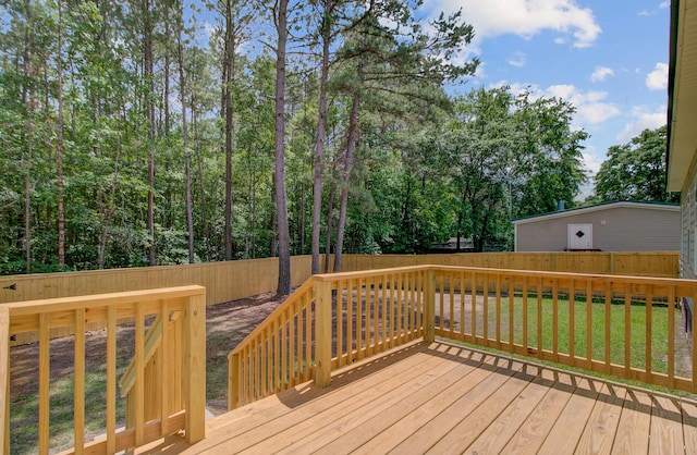 wooden deck featuring a fenced backyard and a yard