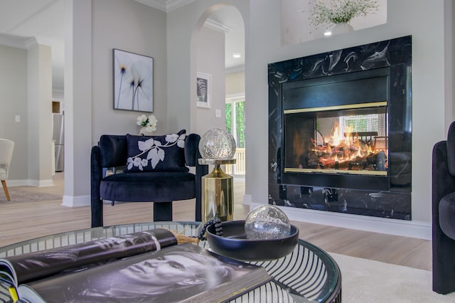 living area featuring a premium fireplace, arched walkways, ornamental molding, and wood finished floors