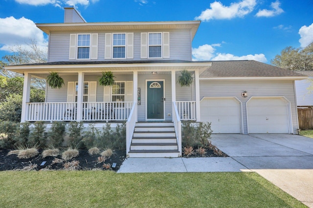 view of front of home featuring roof with shingles, driveway, a porch, a chimney, and a garage