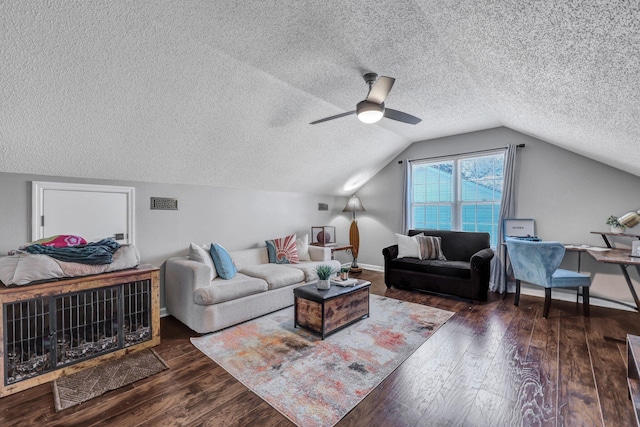 living room featuring hardwood / wood-style flooring, a ceiling fan, baseboards, and vaulted ceiling