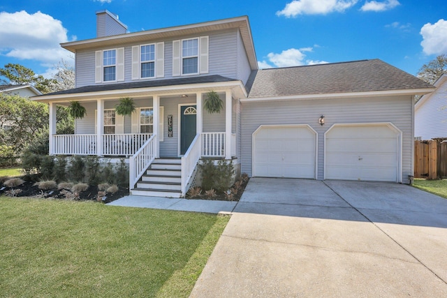 view of front of house featuring driveway, covered porch, a front yard, an attached garage, and a chimney