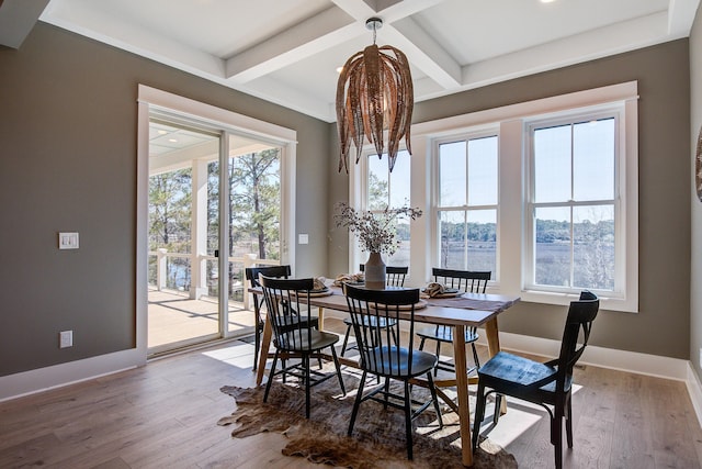 dining area featuring coffered ceiling, hardwood / wood-style flooring, beamed ceiling, and a notable chandelier