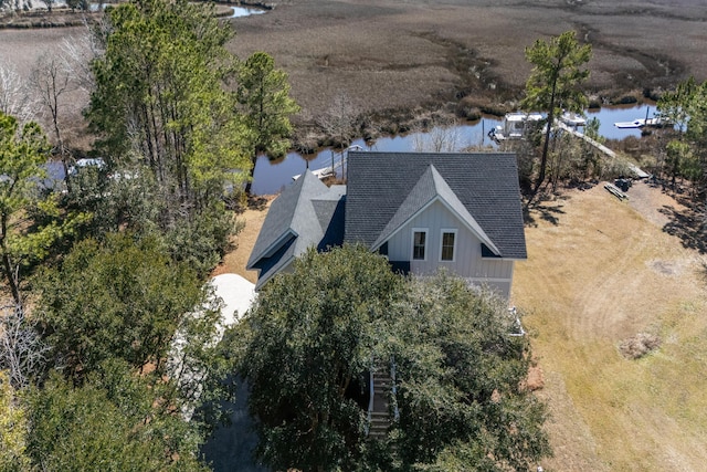 aerial view featuring a water view