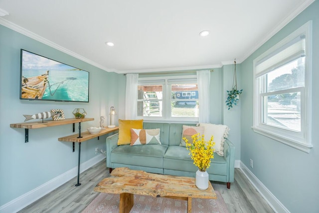 living room featuring light hardwood / wood-style flooring and crown molding