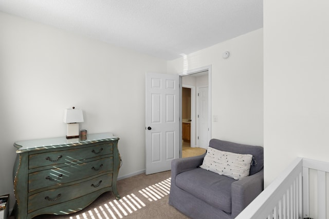 living area featuring light colored carpet and a textured ceiling