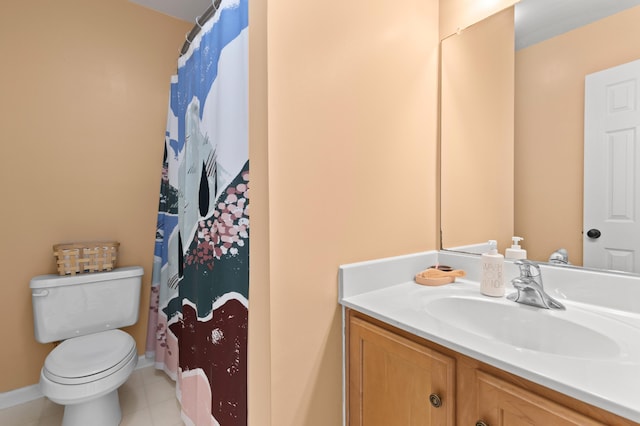 bathroom featuring vanity, tile patterned flooring, a shower with curtain, and toilet