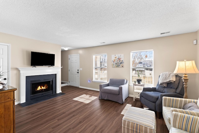 living room with a textured ceiling and dark hardwood / wood-style flooring