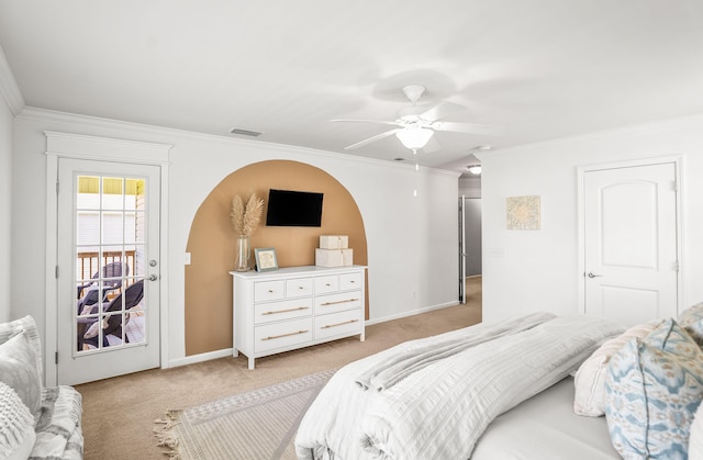 153 Glory Rd, Beaufort, SC 29906 - bedroom with light colored carpet, ornamental molding, access to outside, and ceiling fan