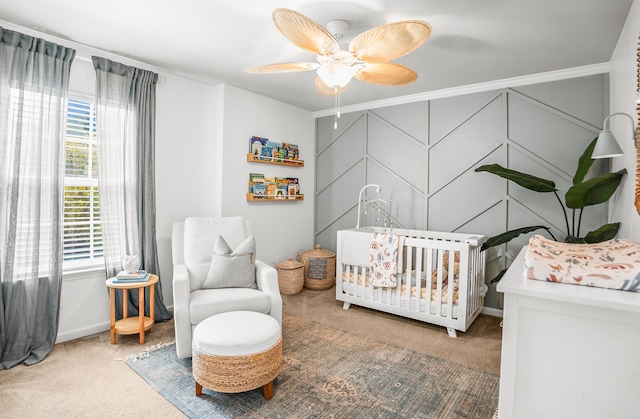 153 Glory Rd, Beaufort, SC 29906 - bedroom with carpet floors, a crib, crown molding, and a ceiling fan