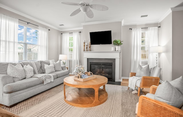153 Glory Rd, Beaufort, SC 29906 - living room with a ceiling fan, wood finished floors, a glass covered fireplace, and crown molding