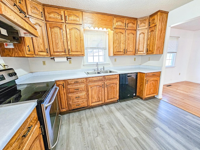 kitchen with electric stove, a sink, ventilation hood, brown cabinetry, and dishwasher