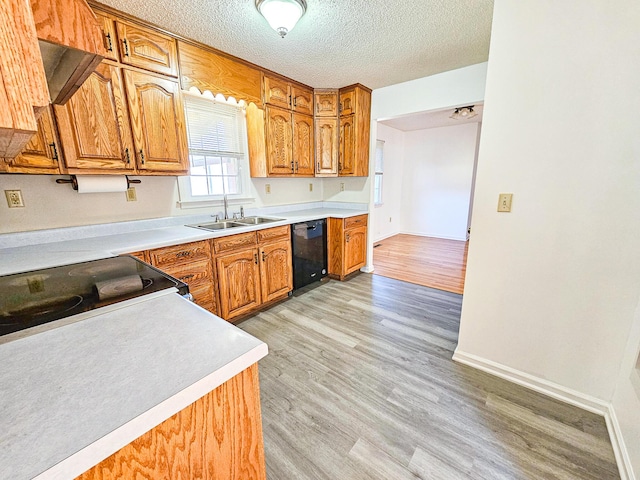 kitchen with brown cabinetry, light wood-style floors, black dishwasher, and a sink