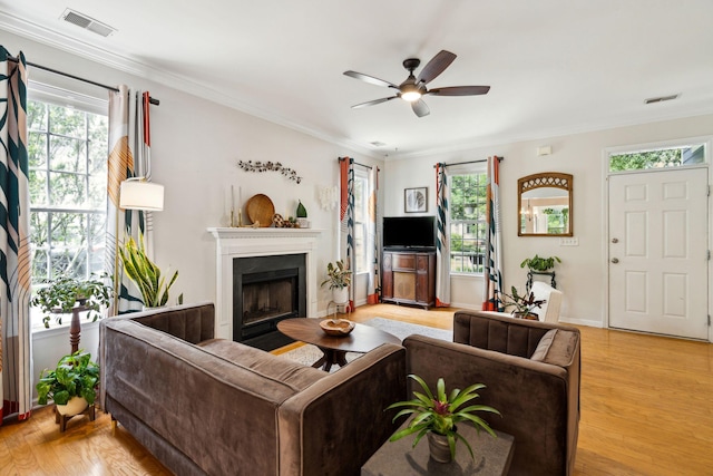 living area featuring ceiling fan, a fireplace with flush hearth, light wood finished floors, ornamental molding, and baseboards