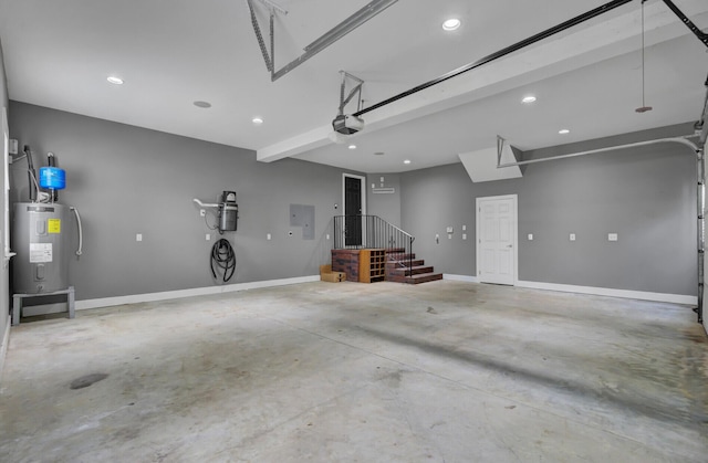 garage with electric panel, electric water heater, and a garage door opener