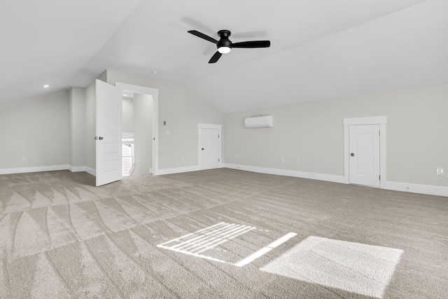 additional living space with ceiling fan, vaulted ceiling, and light carpet