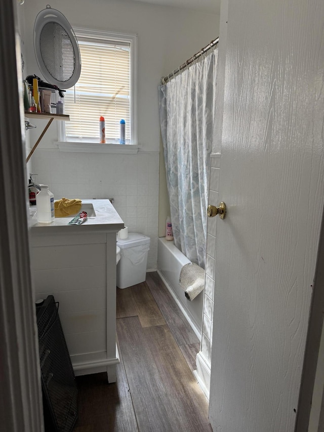 1255 Remount Rd, North Charleston, SC 29406 - bathroom with wood finished floors, shower / tub combo with curtain, vanity, and tile walls