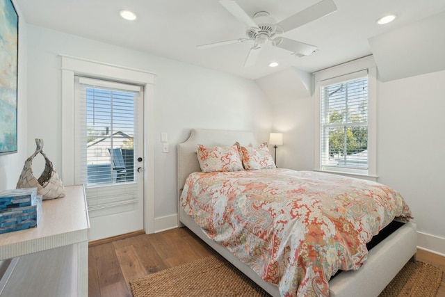 bedroom with a ceiling fan, recessed lighting, wood finished floors, and baseboards