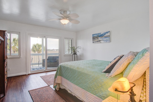 bedroom with baseboards, wood finished floors, access to exterior, and a ceiling fan