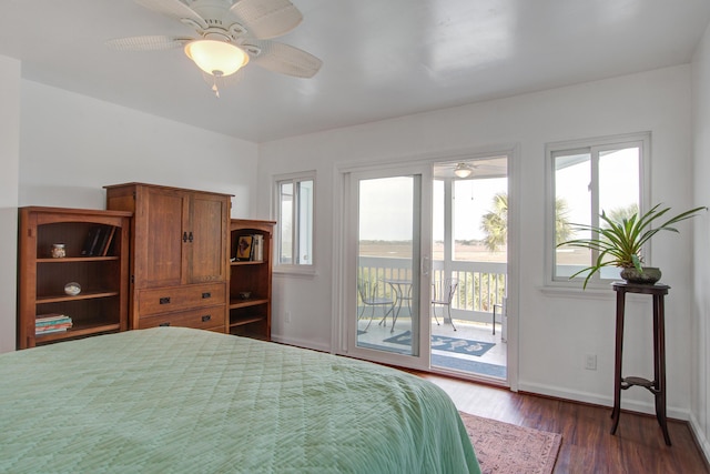 bedroom with ceiling fan, baseboards, wood finished floors, and access to outside