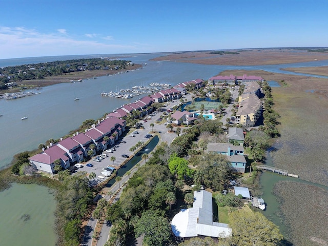 drone / aerial view with a water view