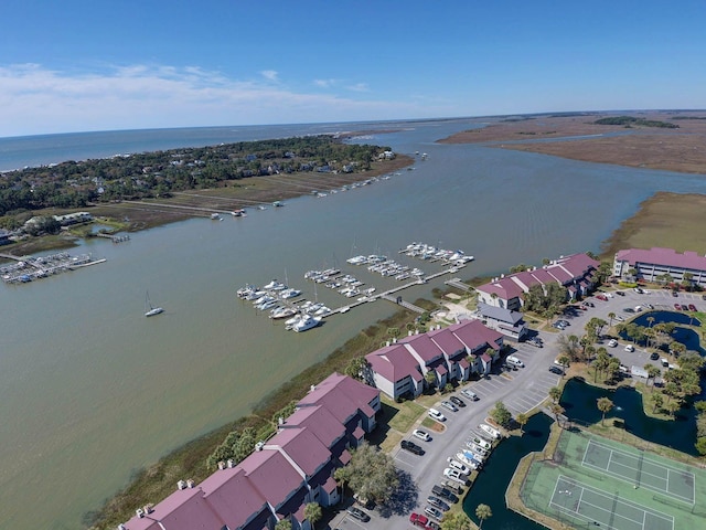 bird's eye view with a water view