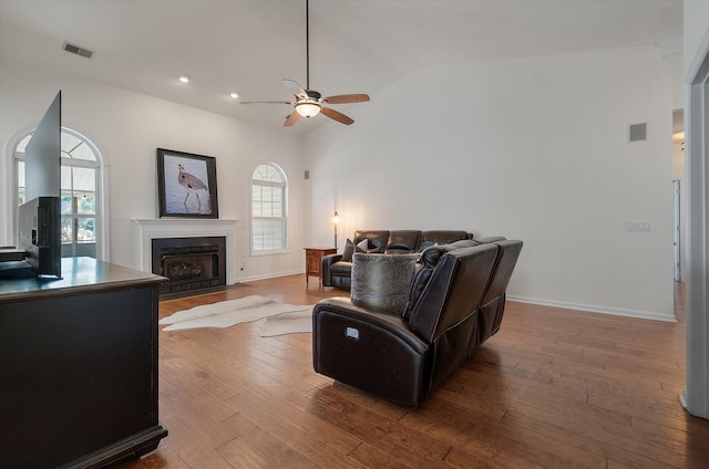 living room featuring vaulted ceiling, a wealth of natural light, and hardwood / wood-style floors