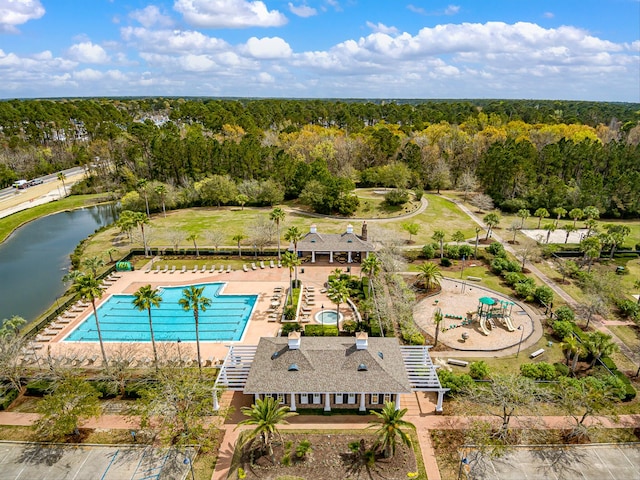 bird's eye view with a water view