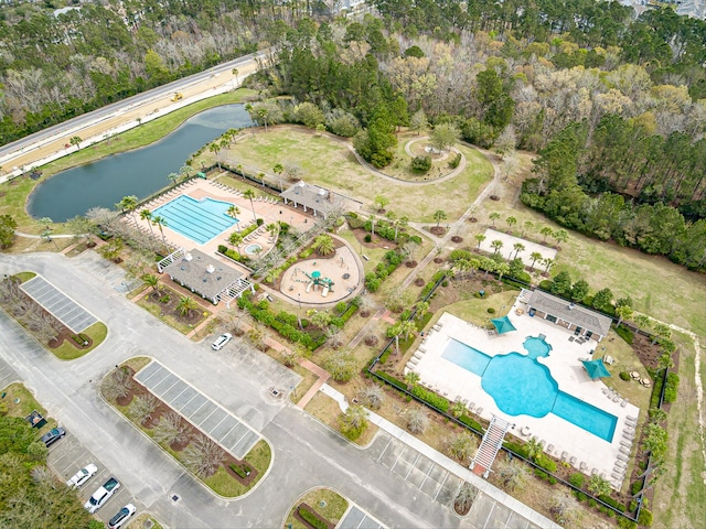 birds eye view of property featuring a water view