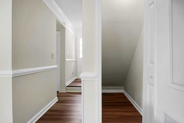 staircase featuring hardwood / wood-style flooring and crown molding