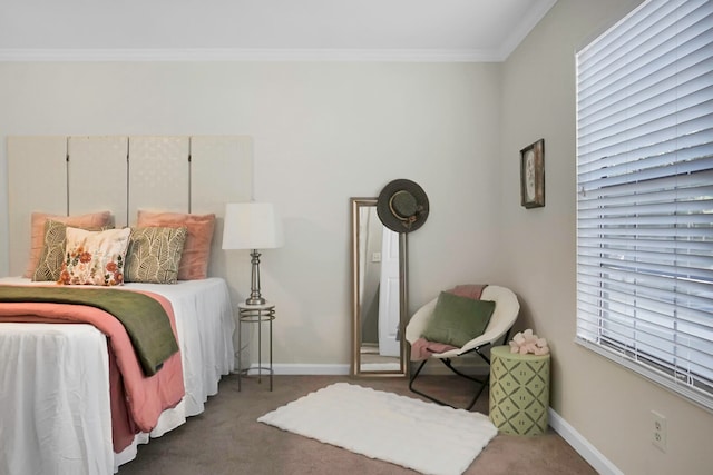 bedroom with dark carpet and crown molding