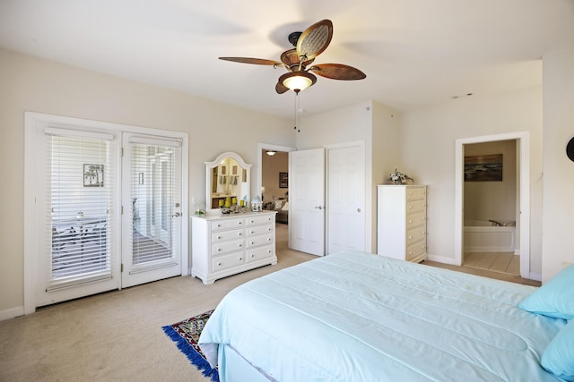 carpeted bedroom with ceiling fan, access to exterior, a closet, and connected bathroom