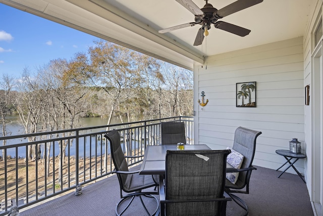 balcony featuring ceiling fan and a water view