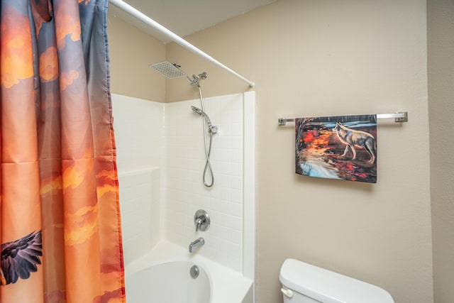 full bath featuring toilet and shower / tub combo with curtain