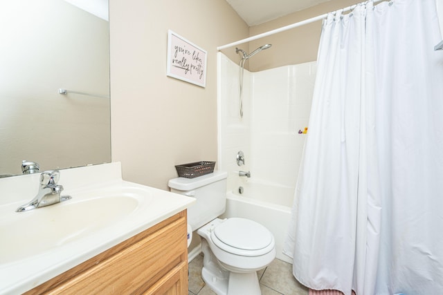 full bathroom with toilet, shower / tub combo, vanity, and tile patterned floors