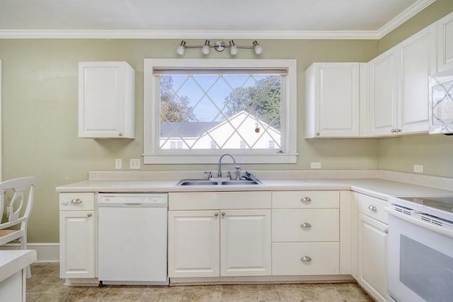 kitchen featuring white cabinetry, white appliances, sink, and crown molding