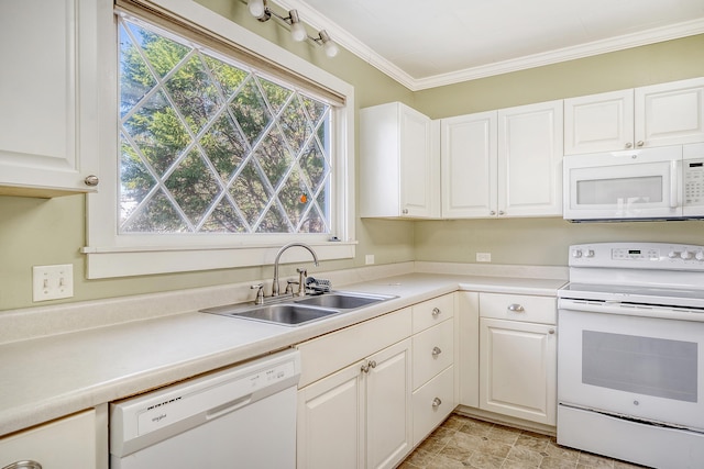 kitchen featuring white appliances, white cabinetry, sink, and crown molding