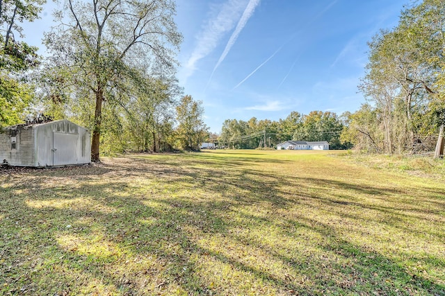 view of yard with a storage shed