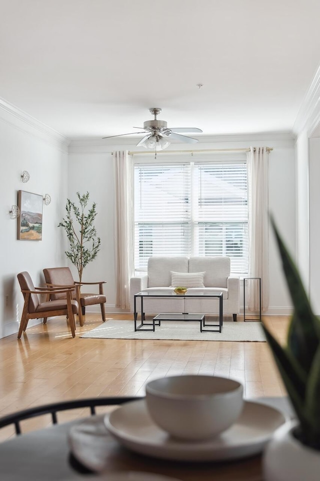 living area featuring a healthy amount of sunlight, light hardwood / wood-style flooring, and crown molding