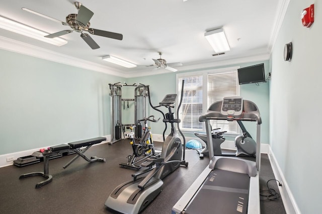 exercise room featuring ceiling fan and crown molding