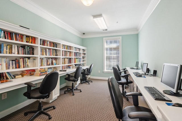 carpeted office space with crown molding