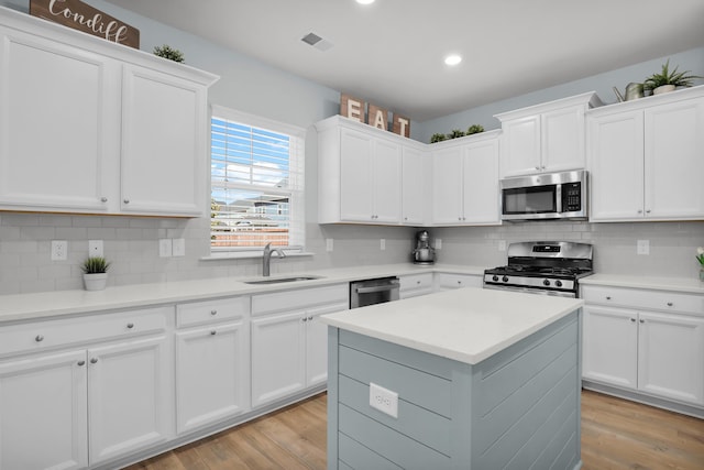 204 Honey Horn Dr, Summerville, SC 29486 - kitchen featuring visible vents, a sink, appliances with stainless steel finishes, light wood-style floors, and white cabinetry