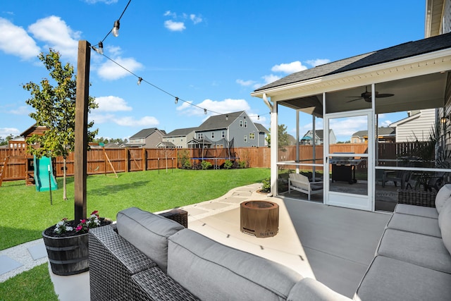 204 Honey Horn Dr, Summerville, SC 29486 - view of patio / terrace featuring ceiling fan, an outdoor hangout area, a fenced backyard, a playground, and a trampoline