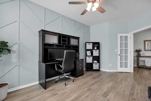 204 Honey Horn Dr, Summerville, SC 29486 - office area featuring light wood-style flooring, french doors, ceiling fan, and baseboards