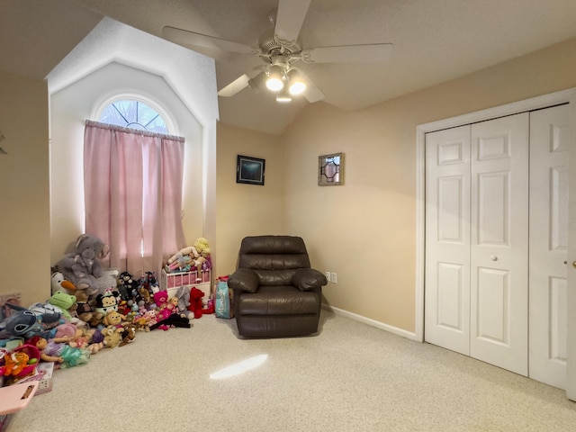 5505 Indigo Makers Trce, Charleston, SC 29418 - living area with carpet flooring, ceiling fan, and vaulted ceiling