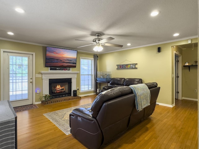 5505 Indigo Makers Trce, Charleston, SC 29418 - living room featuring baseboards, ornamental molding, a brick fireplace, and wood finished floors