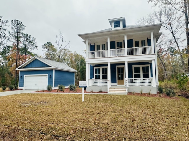 view of front of house with a front lawn, a balcony, and a porch