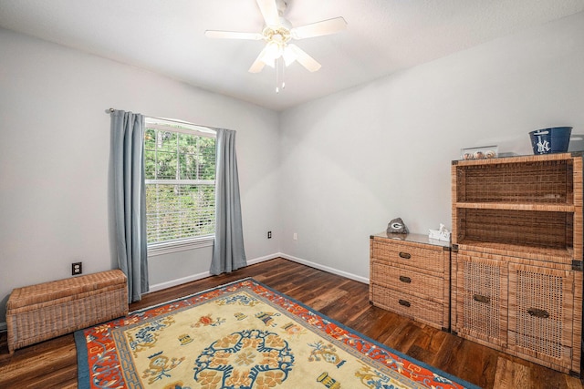 interior space featuring ceiling fan and dark wood-type flooring