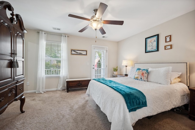 bedroom with access to outside, light carpet, a ceiling fan, and baseboards